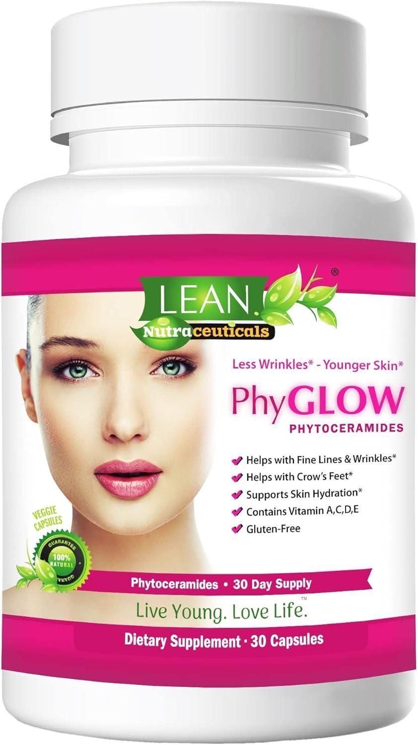 Supplement bottle labeled 'PhyGLOW' with a woman's face on the label, featuring green and pink colors.