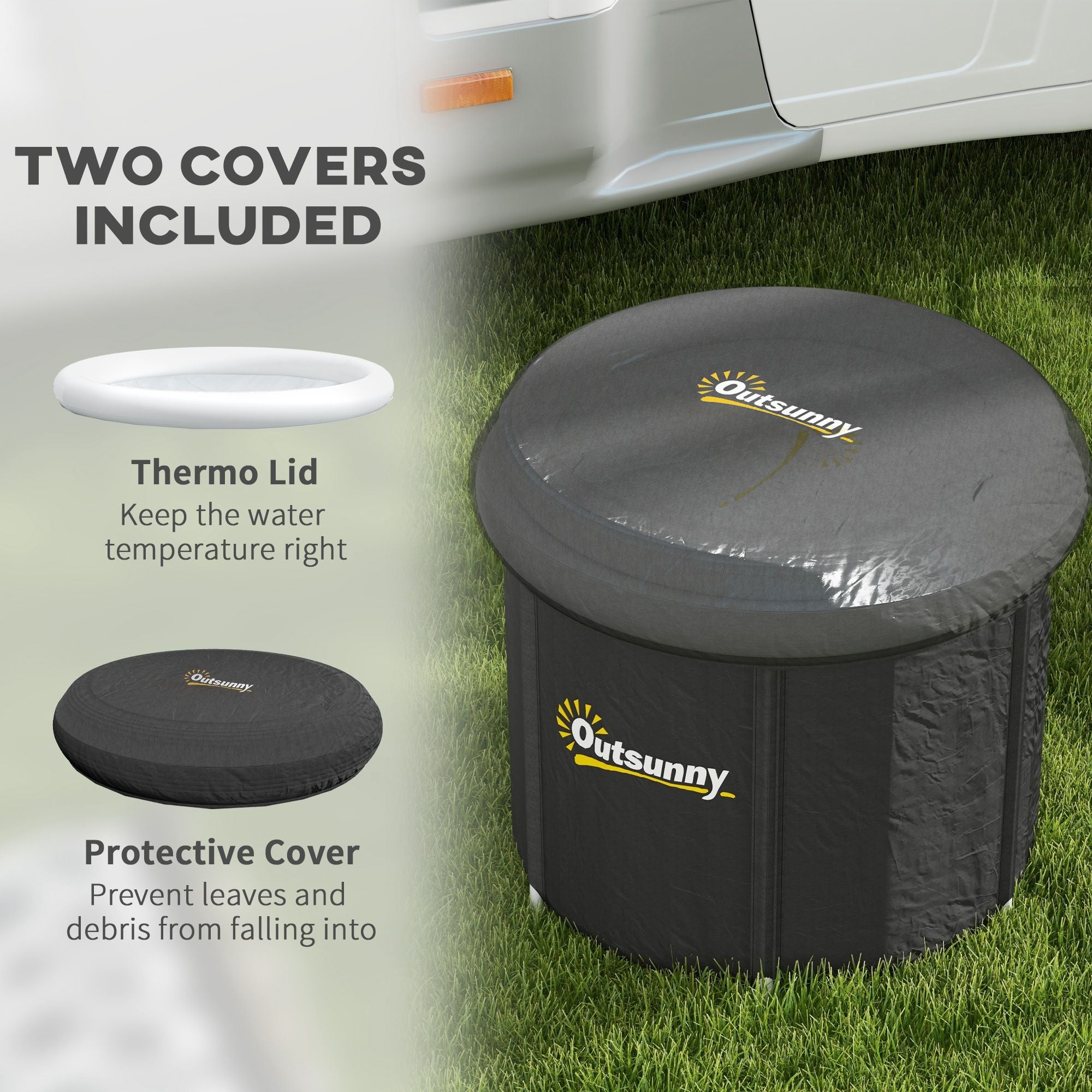 Outsunny product with two covers included: Thermo Lid and Protective Cover, displayed on grass.