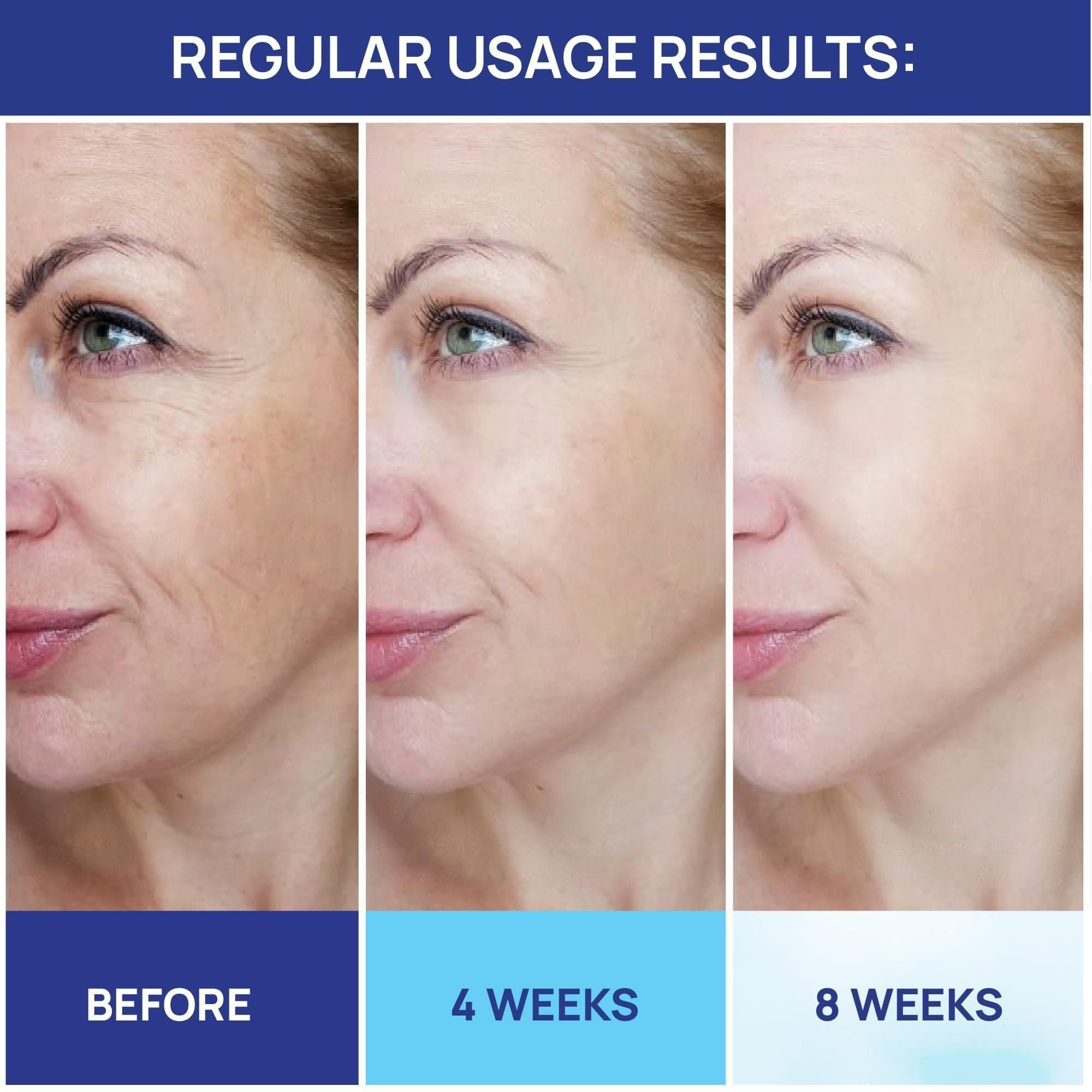 Before and after effects of a skincare product on a woman's face.